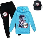 [Yumenam] Kids Tracksuit Kimetsu no Yaiba Tanjirou Nezuko Printed Hooded Sweatshirt + Sweatpants + Baseball Cap 3pcs Set Hoodie Tops and Pants Halloween Cosplay Costume for Girls Boys, Light Blue, 100