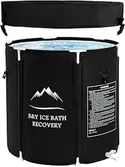 [B&Y] Foldable Ice Bath Tub, Updated T Shaped Frame Cold Plunge Tub for Adult, Outdoor Freestanding Bathtub Spa Tub for Shower Stall, More Stable (Black+Lid, 31.5"Φ x 29.5"H)