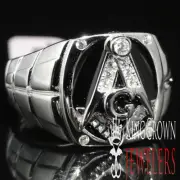 .925 Sterling Silver Men's Black Onyx MASONIC Ring w/ CZ Stones & Screw Accents