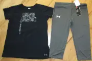 Under Armour black wordmark logo top & gray capris legging set NWT girls' XL YXL