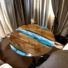 30" Blue Clear Epoxy Resin Coffee Table Top Acacia Wooden Cafeteria Modern Decor