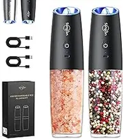Sangcon Rechargeable 9oz Gravity Electric Salt and Pepper Grinder Set - XL Capacity -No Battery Needed - LED Light One Hand Operation, Adjustable Coarseness Automatic Mill Shakers