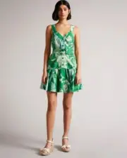 Ted Baker Yaz Belted Linen Blend Minidress Green Tropical TB sz 2