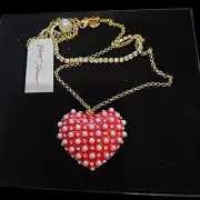 BETSEY JOHNSON Heart Shaped Pendant Necklace Red With Pearls Rhinestone Accents