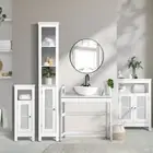 Bathroom Cabinet Floor Cupboard Laundry Storage Rattan Door White Oikiture