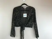 Cloud Ten Sheer Tie Front Top With Gold Stars - Women's Small- Black