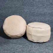 Set of 2 Moroccan Genuine Leather Boho Pouf Ottoman Footstool Pouffe Beige Pink