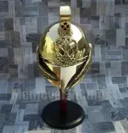 Brass Vintage Style Collectible Chief British Fireman Helmet W/ Wooden Stand