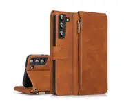 For Samsung Galaxy S22 Plus Case, Leather Zipper Purse Flip Cover Case with Card Slot Holder Wrist Strap Lanyard (Brown)