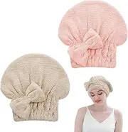 FRIUSATE 2 Pack Microfiber Hair Towel Cap, Soft Absorbent Hair Towel Wrap Women Drying Hair Cap Turban Towel with Bow-Knot Shower Cap for Curly, Long, Thick Hair Wet Hair (Khaki, Pink)