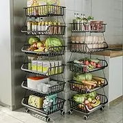 CarolynDesign 6 Tiers Kitchen Storage Baskets Black Iron Wire Storage Bins with Wheels and Feet, Stackable Vegetable Storage Baskets
