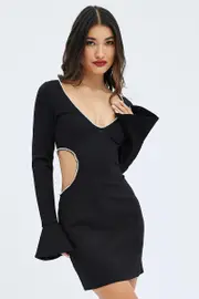 Black Flared Sleeve Cut Out Diamante Mini Dress - Size 8, Women's Bodycon Dress