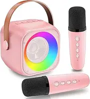 AGSTMG Mini Karaoke Machine for Adults Kids Portable Bluetooth Speaker with 2 Wireless Microphones with Player for 3-12 Years Old Boys Girls Birthday Family Party Gift Toys (Pink)