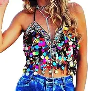 [Generic] Women's Sequin Sparkle Bandage Tank Top Festival Rave Tie Backless Strap Crop Cami Top