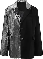 [Sweejim] Women Color-Block Sequins Big Size Blazer Fashion Single Breasted Lapel Long Sleeve Jacket