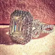 3.00Ct Emerald Cut Moissanite Halo Engagement Wedding Ring 14K White Gold Plated