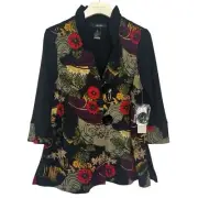 Ali Miles Floral Lagenlook Artsy Jacket PS Black Ruffle 3/4 Sleeve 2 Button Boho