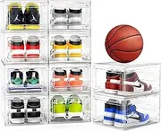 Mitees 10 Pack XX Large Thicken Sturdy Hard Plastic Clear Stackable Shoe Storage Boxes for Size 12, Sneaker Shoe Rack Containers Holders Bins Display Case Organizer for Closet, White