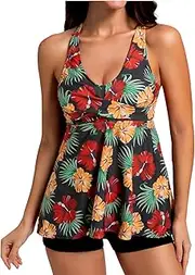 [JONRRYIN] Women's Two-Piece Swimsuit, Swimwear, Tummy Control Tankini Set, Print Swimsuit, Sporty with Hot Pants