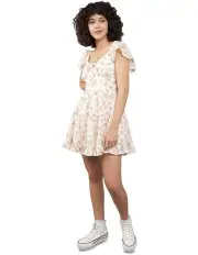 [American Eagle] Flutter Sleeve Floral Babydoll Mini Dress in Cream