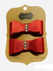Mud Pie Set of 2 Red Satin Jeweled Bow Hair Clips 3"