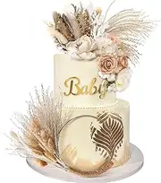 Boho Cake Topper Decorations Vintage Artificial Leaves Wreath Hoop Dried Pampas Grass Cake Decor for Wedding Bridal Baby Shower Birthday Party Supplies (pink white)