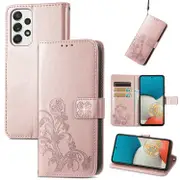 For Samsung Galaxy A73 5G Case Four Leaf Folio PU Leather Wallet Cover, Rose Gold