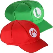Set of 2 Super Mario hats caps Mario and Luigi red and green video game