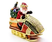 Bejeweled Santa on Jet Ski Trinket Box. Hand Set Swarovski Crystals & Enamel