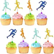 24pcs Running Cupcake Toppers, Sports Fitness Cupcake Toppers for Birthday, Blue Glitter Runner Cake Decorations for Health Fitness Themed Party Supplies