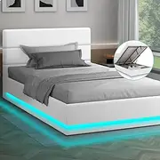 ALFORDSON Gas Lift Storage Bed Frame Base with Headboard & LED Light Bertold Series, Mattress Topper Platform Foundation with Boucle Fabric Upholstery, 200kg Capacity, King Single, White Colour