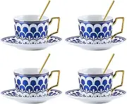 Tea Cups and Saucers Set of 4,8 OZ Ceramic Coffee Cup Set with Spoon, Bone China Tea cup,British Tea Cup Set with Golden Trim, Cappuccino Espresso Latte Mugs for Birthday, Tea Party ,Wedding