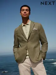 Khaki Green Regular Fit Textured Linen Blend Blazer (E61786) | $162