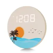 USB Plug in Digital Wall Clock, Sunset Ocean Wave Design, 12/24Hr Wall Mounte...