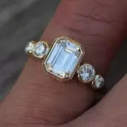 Art Deco Style Lab-Created Diamond Emerald Cut Wedding Ring 14k Yellow Gold FN