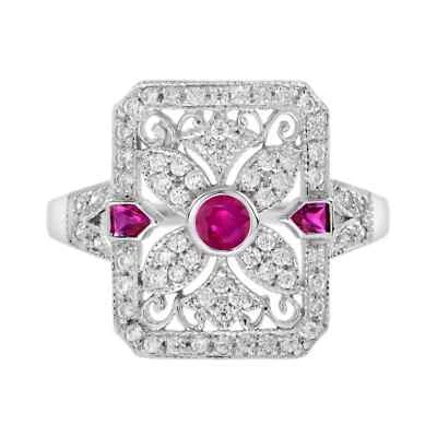 Art Deco Style Lab-Created Diamond Ruby Ring Best Gift For Her 14K White Gold FN