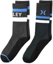 Hurley Kids 2 Pk Grey Blue Crew Polyester Cushion Stripe Logo Sock Set M 5Y-7Y