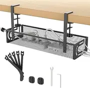 Under Desk Cable Management Tray No Drill, Metal Mesh Cable Tray with Clamp for Desk Wire Management, Desk Cable Management Box and Cord Organizer for Office, Home