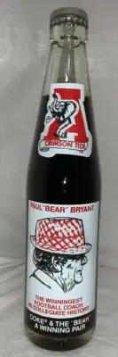 PAUL BEAR BRYANT ALABAMA CRIMSON TIDE FOOTBALL 315 WINS VINTAGE COKE BOTTLE NEW