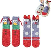 [EdNey] Coral Velvet Three-dimensional Quirky Socks, Christmas Fluffy Cartoon Monster Socks, Winter Ugly Cute Plush Socks, F-2pairs, One Size