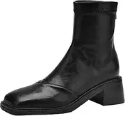 [XIEPP] Women's Elegant Block Heel Ankle Boots Square Toe Short Boots with Back Zipper