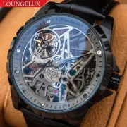 Mens Skeleton Automatic Mechanical Watch - Black Grey Dial Black Leather Strap