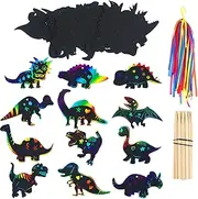 48 Pieces Scratch Dinosaur Paper Rainbow Craft Art Kits With 24 Wooden Styluses and 48 Ribbons for Birthday Party Game Supplies