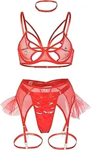 [Generic] Garter Belts Womens Sexy Cosplay Lingerie Set Lace Outfit Bra and Pantie Nightie with Choker Garter Lingerie for Women Sheer Matching 4 Piece Lingerie Set Sex Lingerie Teal Lingerie