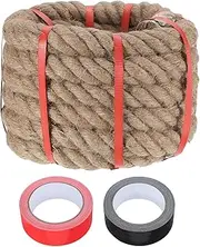 sourcing map Jute Rope 1.3 Inch x 20ft, Heavy Natural Thick Twisted Rope with 2 Roll Tapes for Crafts Railing Docks Tug of War Swing Nautical Landscaping