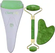 Jade & Ice Roller + Gua Sha Tool by Charmlily –100% Natural Real Jade Stone to Prevent Wrinkles, Migraine, Puffiness & Redness for Face & Eye Cooling Roller Facial Massager with Gua Sha Scraper (3in1)