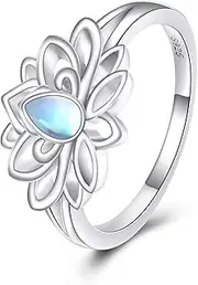 [VONALA] Lotus Ring 925 Sterling Silver moonstone Ring Flower Jewellery Gifts for Women Girls, Sterling Silver