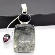 Natural Black Needle Rutile Gemstone Pendant Silver Plated Jewelry Charm JP11018