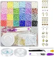 6078 Pcs Bracelet Making Kit, 24 Colors 6mm Flat Round Polymer Clay Beads with Pendant Charms Letter and Elastic Strings, Fit for Jewelry Making Kit & Craft Supplies(Color:As Shown)