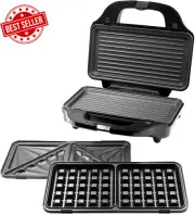 3in1 Sandwich Waffle Maker Panini Press Non-Stick Removable Plates Silver Black